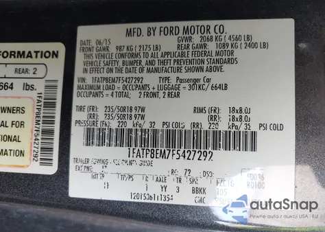 2015 Ford Mustang V6 z USA, uszkodzony, nr VIN 1FATP8EM7F5427292